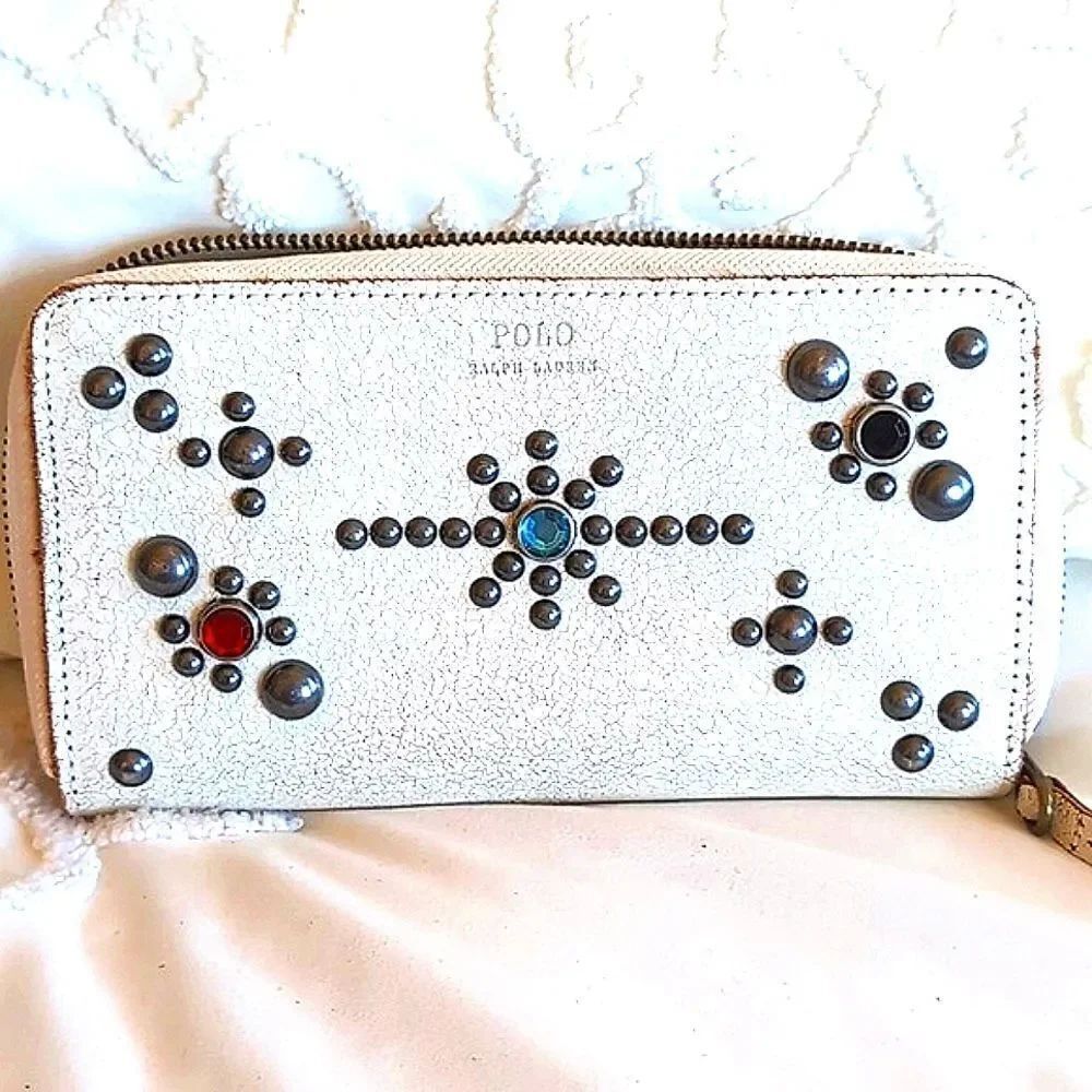 POLO Ralph Lauren Jewel/ Studded Ivory Distressed Zip Around Wallet NWOT